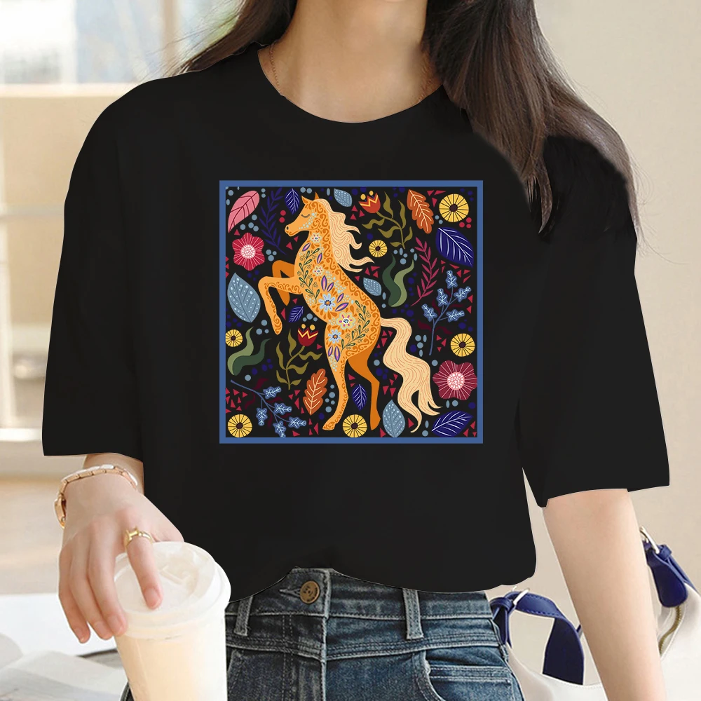 

New Summer Women High-Quality Cotton T-Shirt Letter Cute Horse Graphic Print Casual Short Sleeve O-Neck Top Brand Clothing