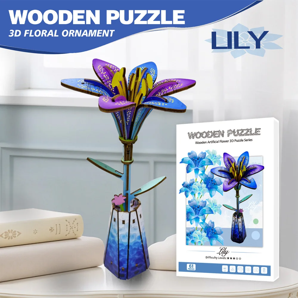 3D Lily Wooden Puzzle Model Simulation DIY Flower Kit for Indoor Decor Puzzle Toys & Home Decoration Craft Gift HG84