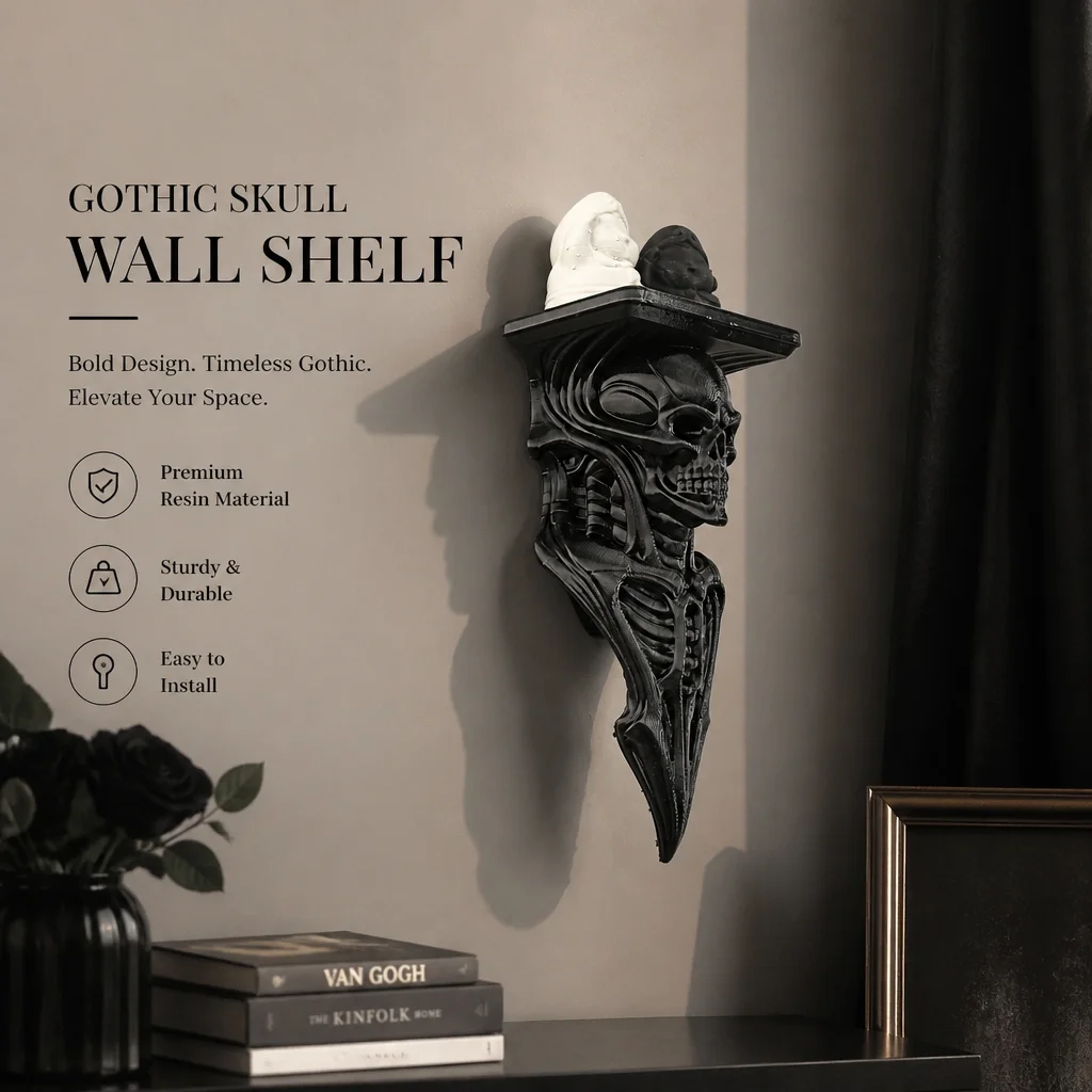 Gothic Skeleton Skull Wall Shelf, Black Plastic Decorative Floating Shelf Bracket for Dark Academia Halloween Home Wall Decor