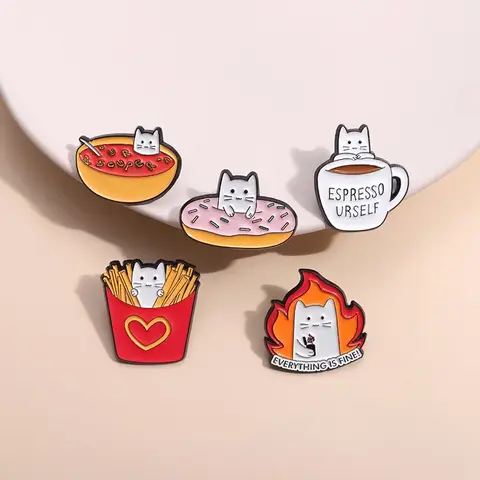 Snacks Animal Brooch Funny French Fries Kitten Donut Coffee Cup Metal Badge Small Gift Wholesale Hat Pins for Backpacks Cap Pin