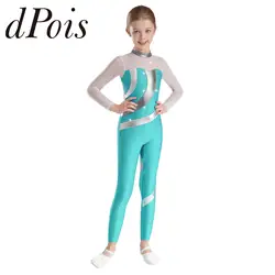 Kids Girls Metallic Yoga Jumpsuit Sheer Mesh Patchwork Long Sleeve Ballet Bodysuit for Gymnastics Figure Skating Leotards