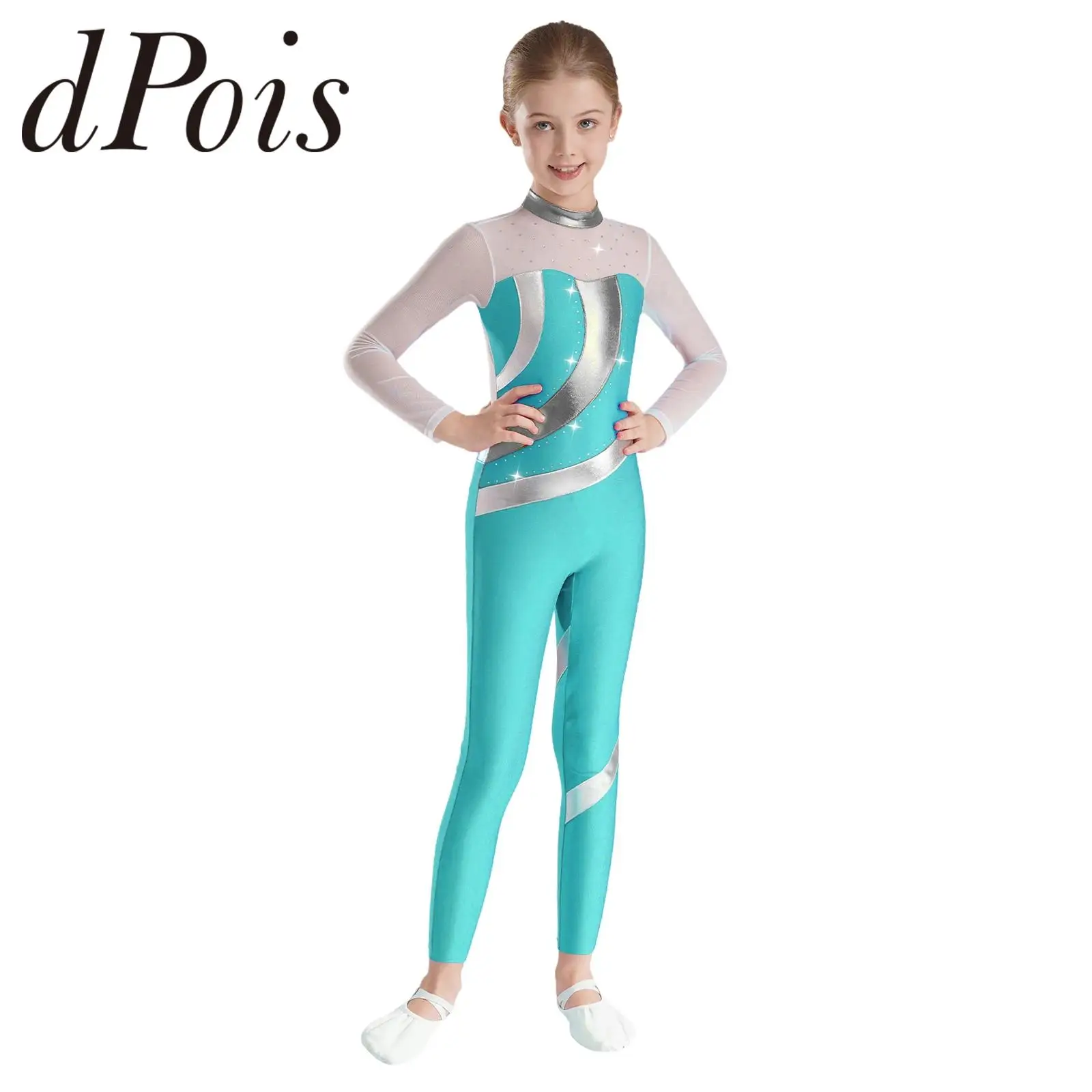 Kids Girls Metallic Yoga Jumpsuit Sheer Mesh Patchwork Long Sleeve Ballet Bodysuit for Gymnastics Figure Skating Leotards