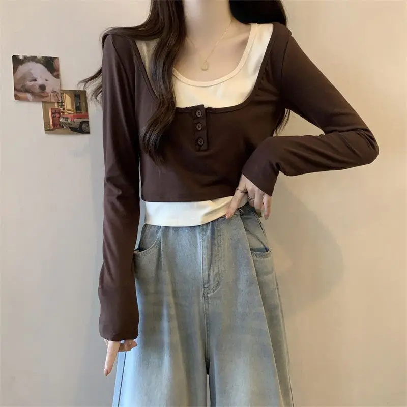 Fake Two Pieces Patchwork Pullovers Spring Autumn New Slim Fashion Button Female Clothing Contrasting Colors Long Sleeve T-shirt