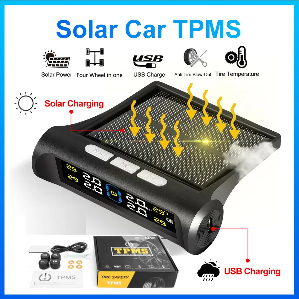 Solar Car TPMS Tire Pressure Alarm Digital Colorful Display 4 External Sensors Waterproof Tire Presssure Monitoring System