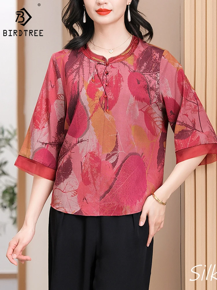 

BirdTree 90%Real Silk Plus Size Shirt Women,Round Neck Three-quarter Sleeves,Slim Temperament Blouse,2024 Spring New T42348QD