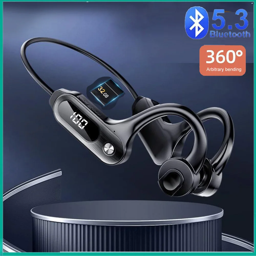 Bluetooth 5.3 Bone Conduction Headphones With LED Display  Headset IPX5 Waterproof Sport Earphones EarHook Support  TF Card