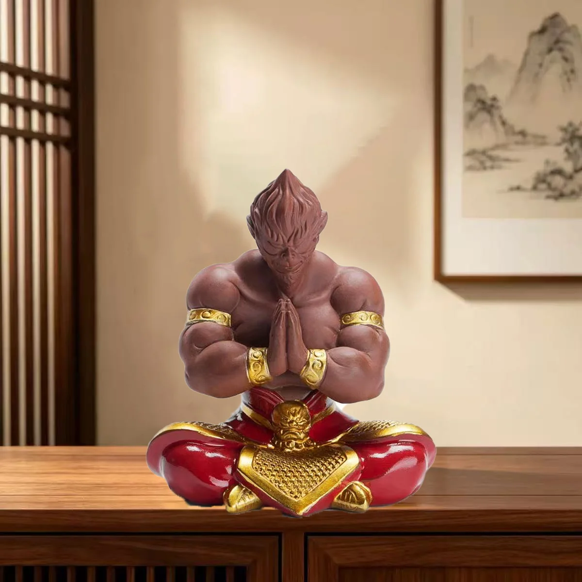 Zen Sun Wukong Ceramic Statue, Meditating Monkey King Feng Shui Figurine with ,  Home Office Desk Decor Wealth Lucky Ornament