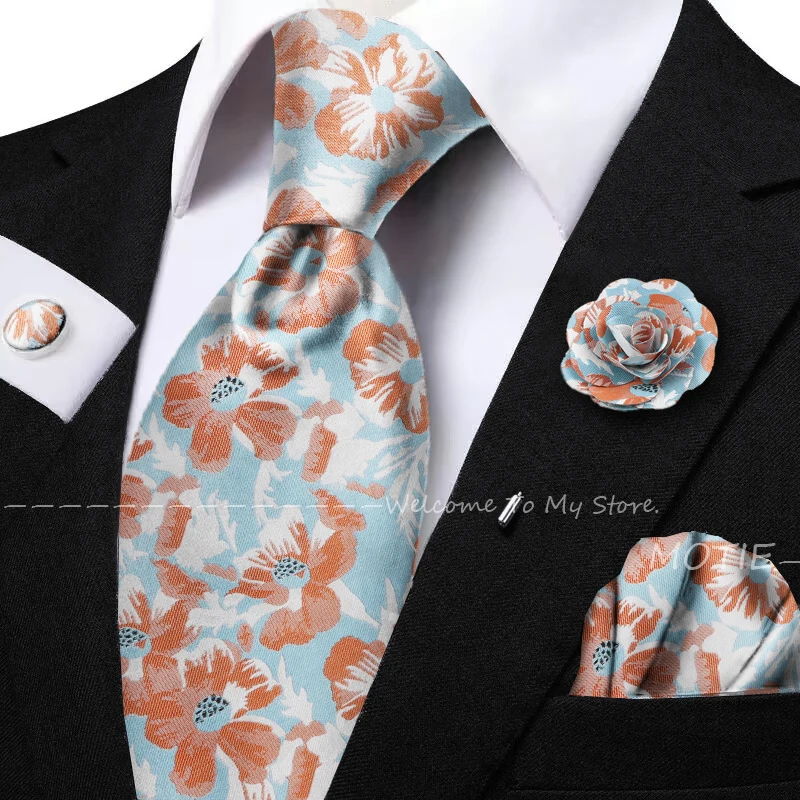 Beauty Flower And Plant Pattern Jacquard Tie Set Include Pocket Square Flower Brooch Cufflink For Shirt Dress Accessory And Gift
