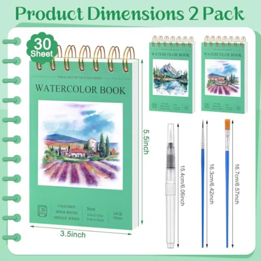 2 Small Watercolor Sketchbook with Watercolor Brushes, 3.5" x 5.5" Watercolor Paper Pad, 60 Sheets 140lb/300g Water Color Paper view 2