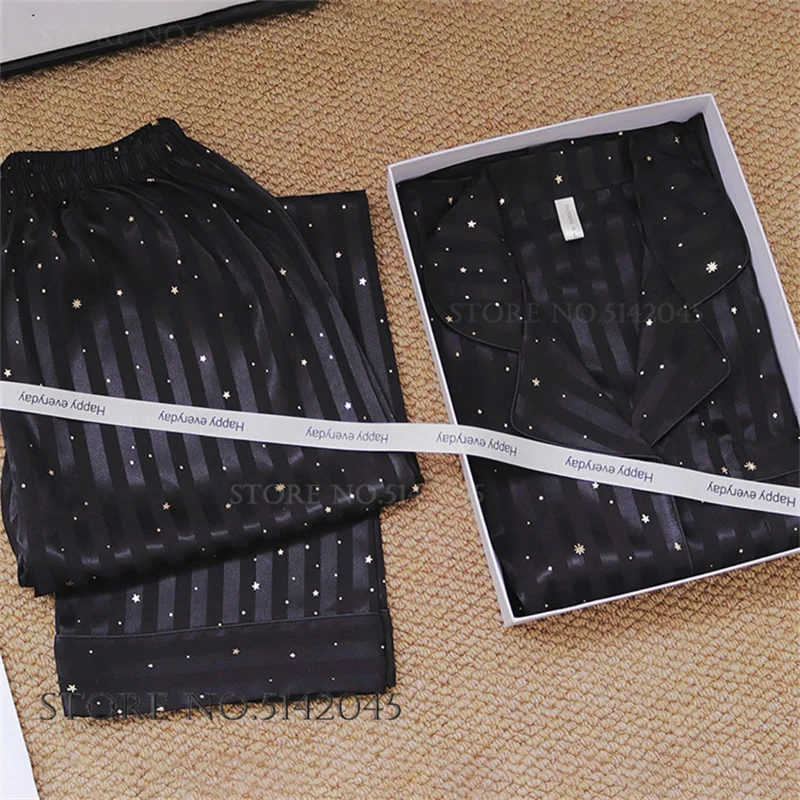 

Fashion Stripes Sequins 2Pcs Pajamas Set Women's Sleepwear Spring Autumn Long Sleeve Trouser Pijamas Suit Silk Satin Home Wear