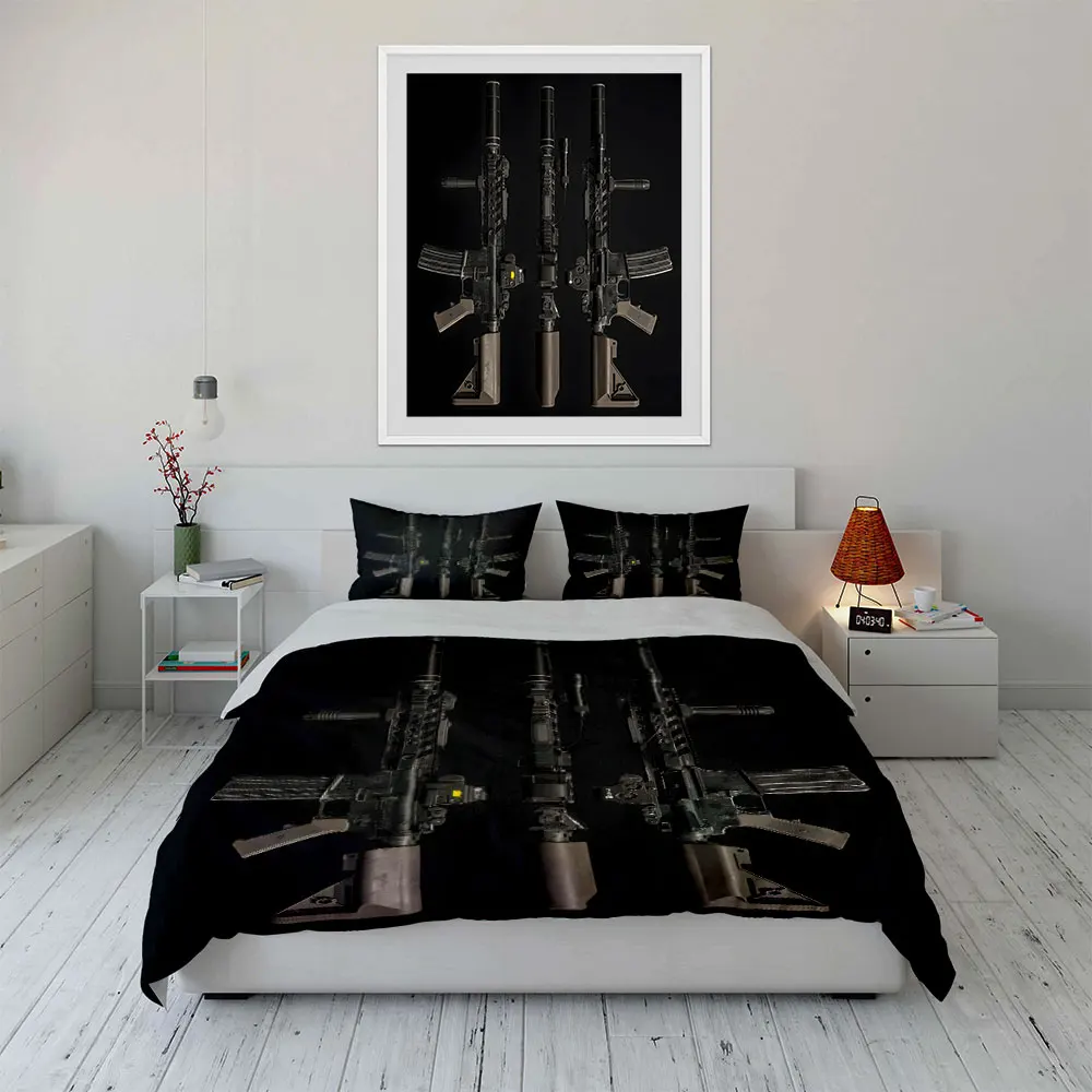 3pcs Modern rifle on black background Print Soft Comfortable Duvet Cover Bedding Set Included 1*Duvet Cover  2*Pillowcases