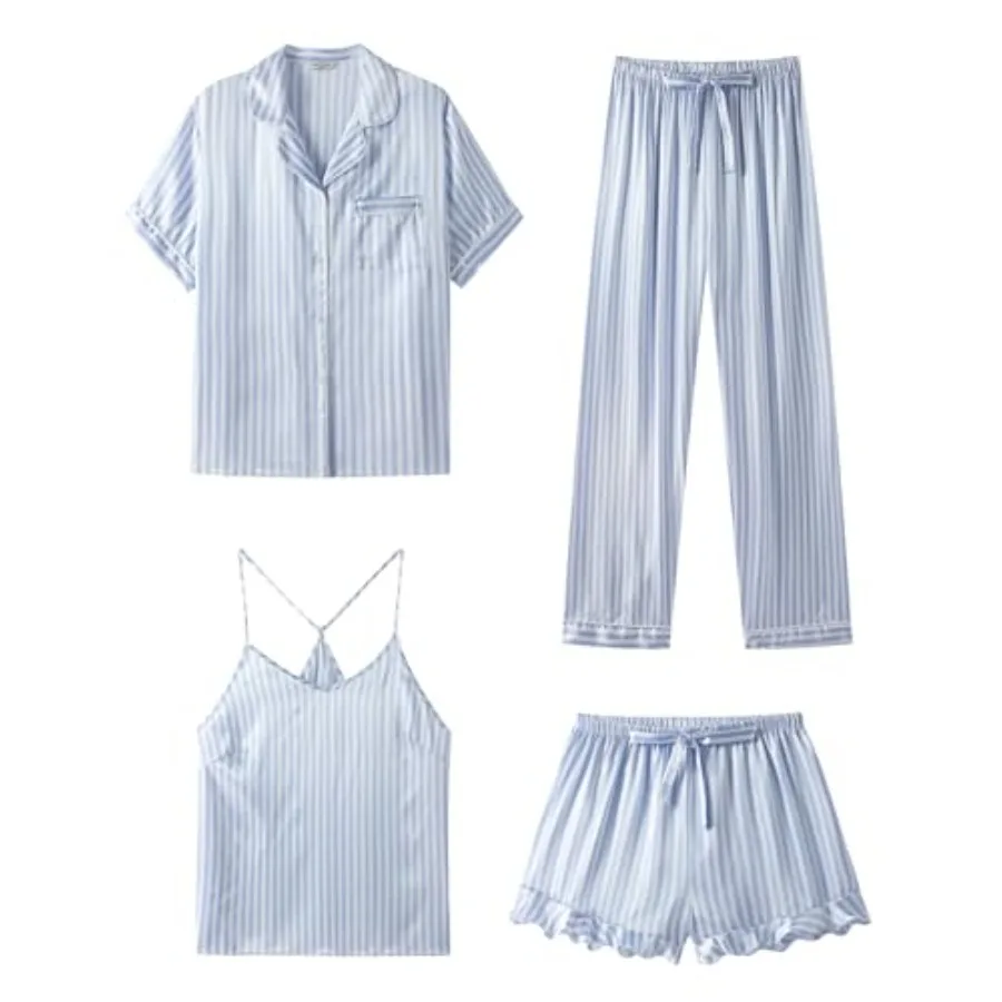 SAPJON Silk Pajamas for Women Set 4Pcs Ruffled Satin Pajamas Set Button Down Short Sleeve Cami Shorts Sleepwear Pj Set