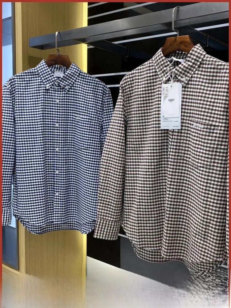 

American Street Sle, дышащий мужской осенний повседневный воротник из чистого хлопка с длинным светом в клетку, модный на пуговицах