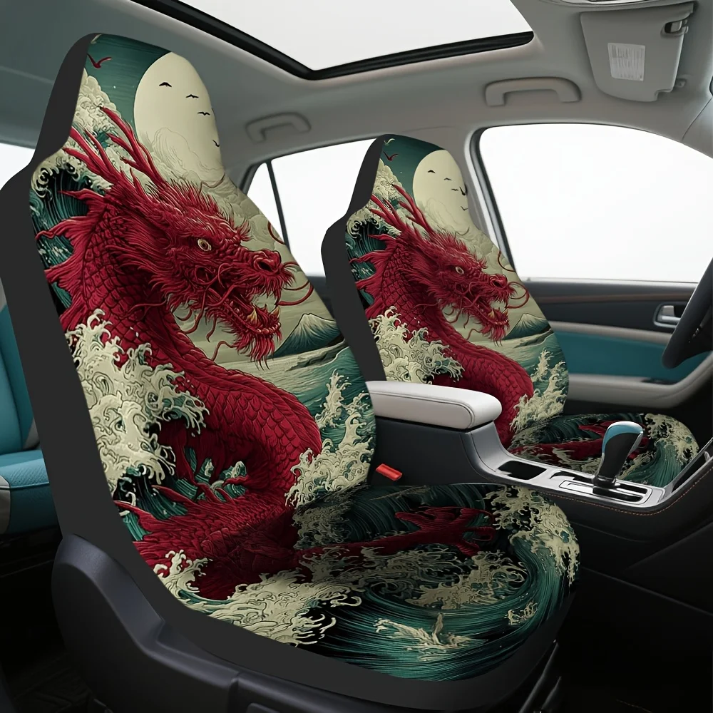 

2pcs, Decorative Red Dragon Over Waves Pattern Car Seat Covers Set Of For Front Seats,Auto Accessories Coverss Decor, Easy To In
