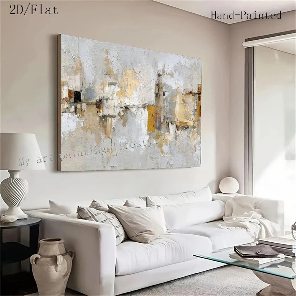 

Handmade Abstract Oil Painting on Canvas - Golden Gray Mural Wall Art for Living Room Decor Large Size Home Decorative Picture