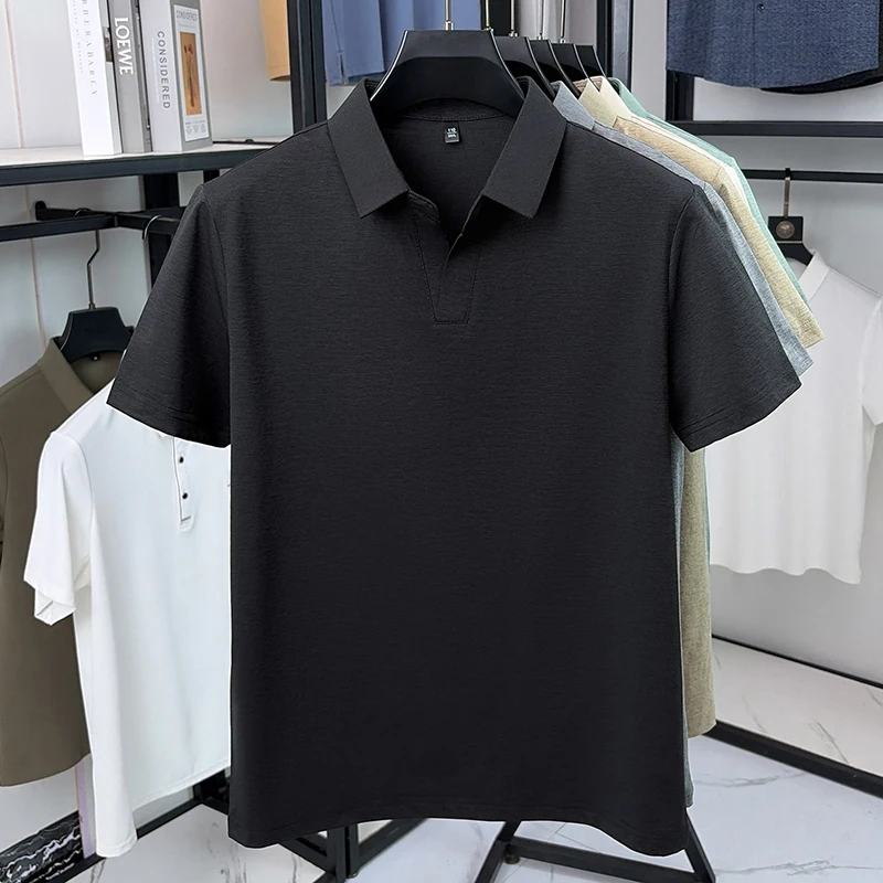 Herren Kurzarm-Poloshirts, einfarbig, ohne Knöpfe, V-Ausschnitt, schmal geschnitten, leicht, knitterfrei, modische Alltags-Tops für Männer – Detail 17