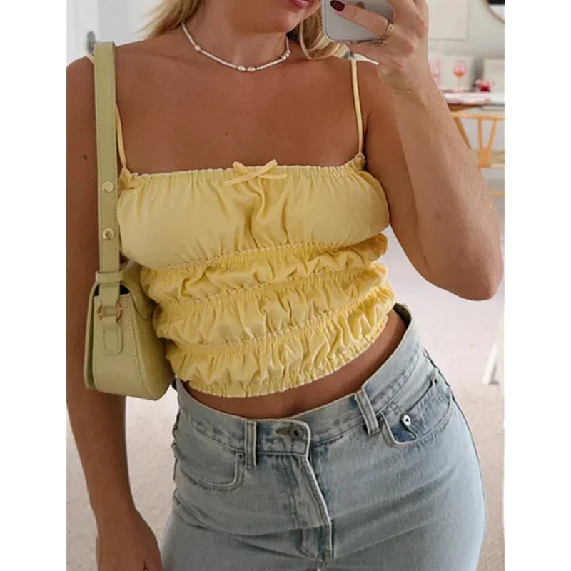 

Майка y2k женская с оборками, Однотонная рубашка на бретелях-спагетти, без рукавов, с бантом, уличная одежда, желтый цвет, на лето