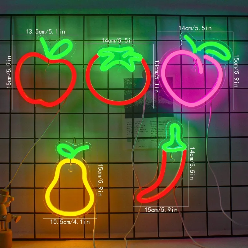 Mini Apple Peach Fruit Neon Sign Pear Chili Led Neon USB Powered Cute Mini Decor Neon with Switch for Bar Hotel Party Game Kids