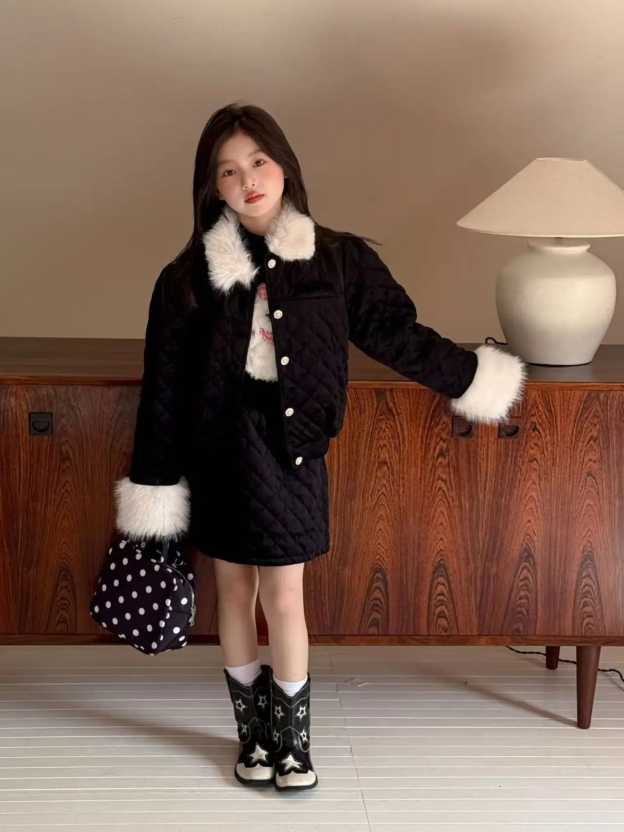 

3-12Y Children's Set Autumn and Winter New Fashion Big Fur Collar Small Fragrance Style Girl's Jacket+short Skirt Two-piece Set