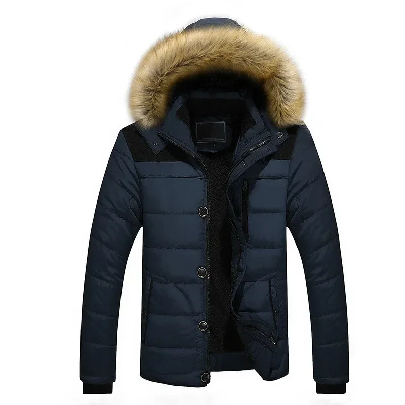 Parkas con capucha de retales para hombre, cuello de piel sintética, abrigo grueso y esponjoso, Chaqueta de algodón rojo de gran tamaño, abrigo de invierno 5xl