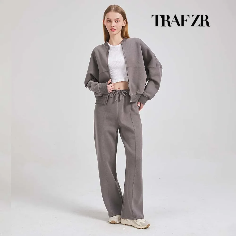 TRAF ZR Zipper Cardigan Sets To Woman 2024 Cotton Tracksuit Suits Baggy Pants Sportswear Women Sweater 2 Piece Set Women Outfits