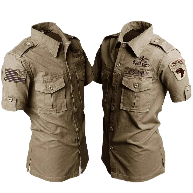 Summer Short Sleeve Tactical Shirts Men Military SWAT Combat Training Tops Mens Outdoor Cotton Embroidery Cargo Bomber Shirt