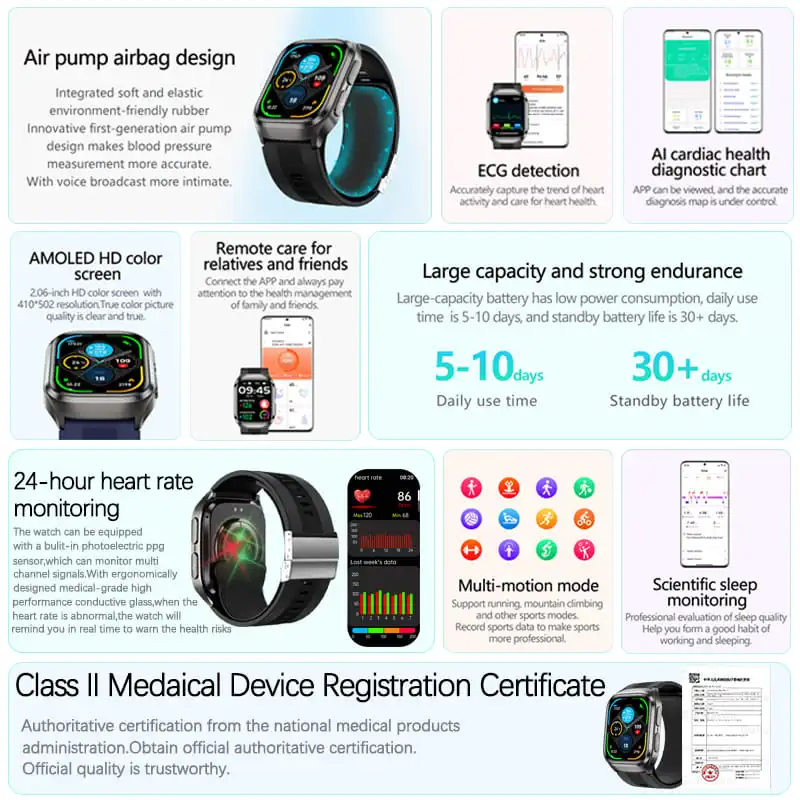 New Air Pump Blood Pressure Accurate Measure Smart Watches Men Micro Physical Examination Fitness Sports Airbag SmartWatch 2025