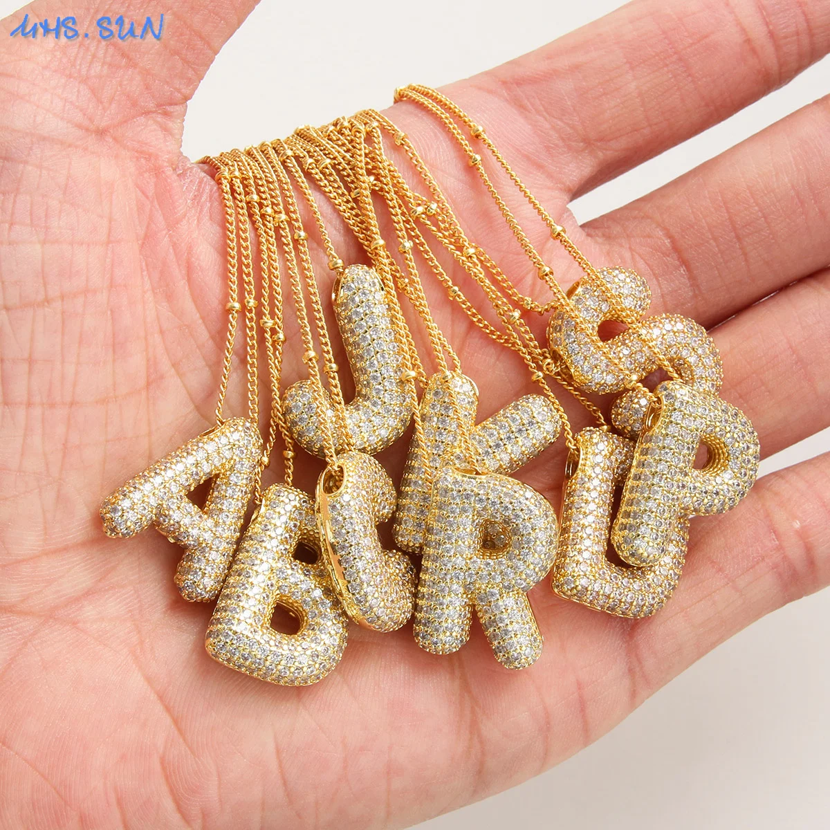 MHS.SUN Gold Plated Balloon 26 Letter Necklaces Copper Zircon Bubble Initial Pendant Chunky Women Personality Chain Jewelry