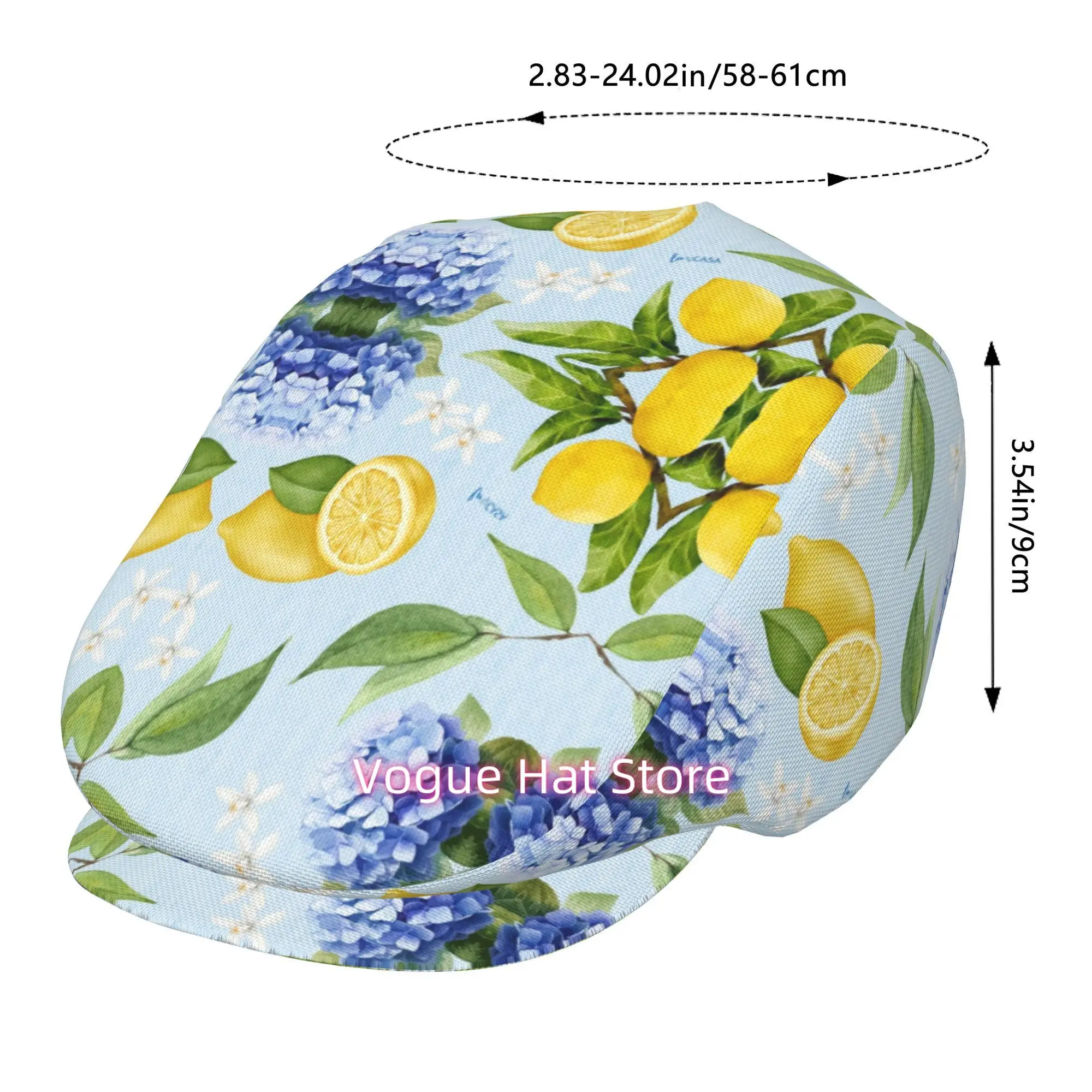 1pc of a Beret Featuring a Lemon And Hydrangea Print, Adjustable for Both Men And Women, Suitable for Any Season. This Newsboy-S