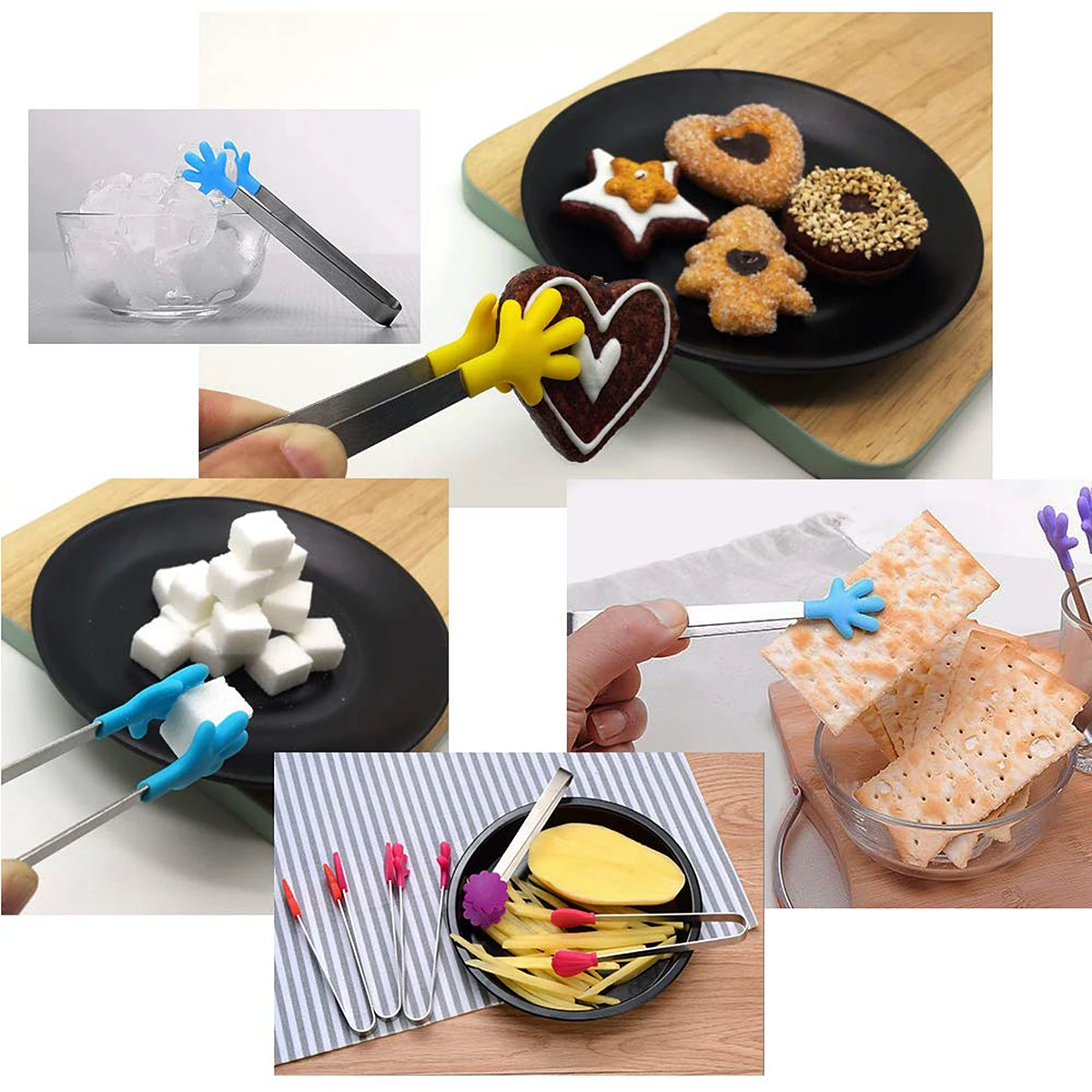 

8 Pcs Food Clip Ice Tongs Sugar Cube Kitchen Gadgets Stainless Steel Long Handle Silicone Tips Baking Tools Buffet Party