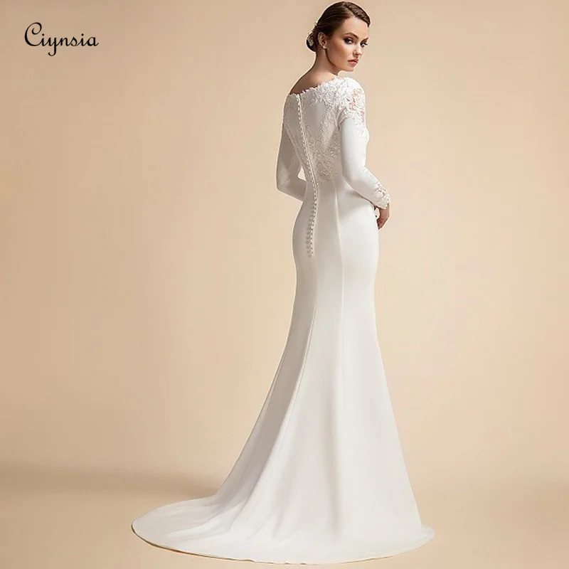 Ciynsia Elegant Vestidos De Novia 2024 Simple Muslim Wedding Dress for Bride Mermaid Satin Lace Long Sleeves Ivory Bridal Gowns