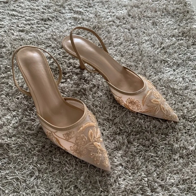 

Mesh Embroidered Fashion Sandals Women String Bead High Heels Mules Shoes Pointed Toe Slingback Slippers Women Zapatos De Mujer