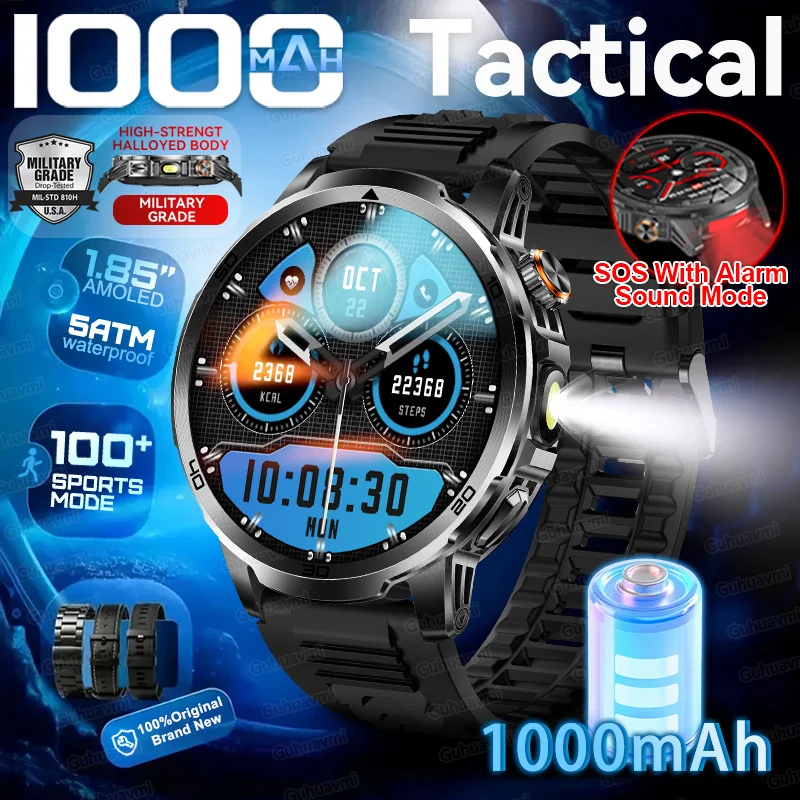 

2026 Tactics Military Grade 1000mAh Battery Smart Watch IP68 Waterproof GPS Bluetooth Call 1.85"AMOLED Screen Sports Smart Watch