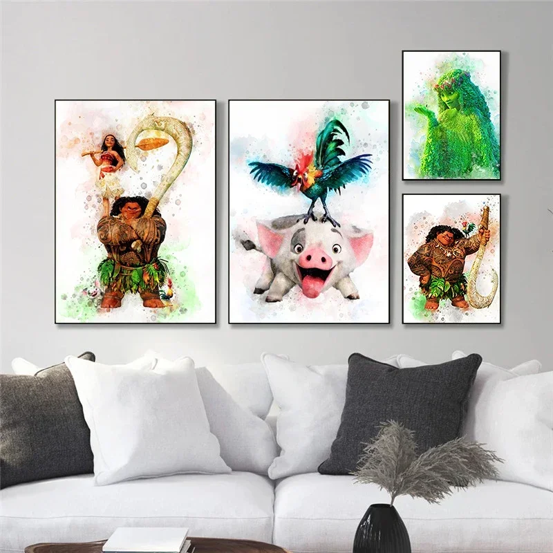 Disney Moana Watercolor Posters And Prints Maui Pua Hei Hei TeFiti Canvas Paintings Wall Art Picture For Living Room Home Decor