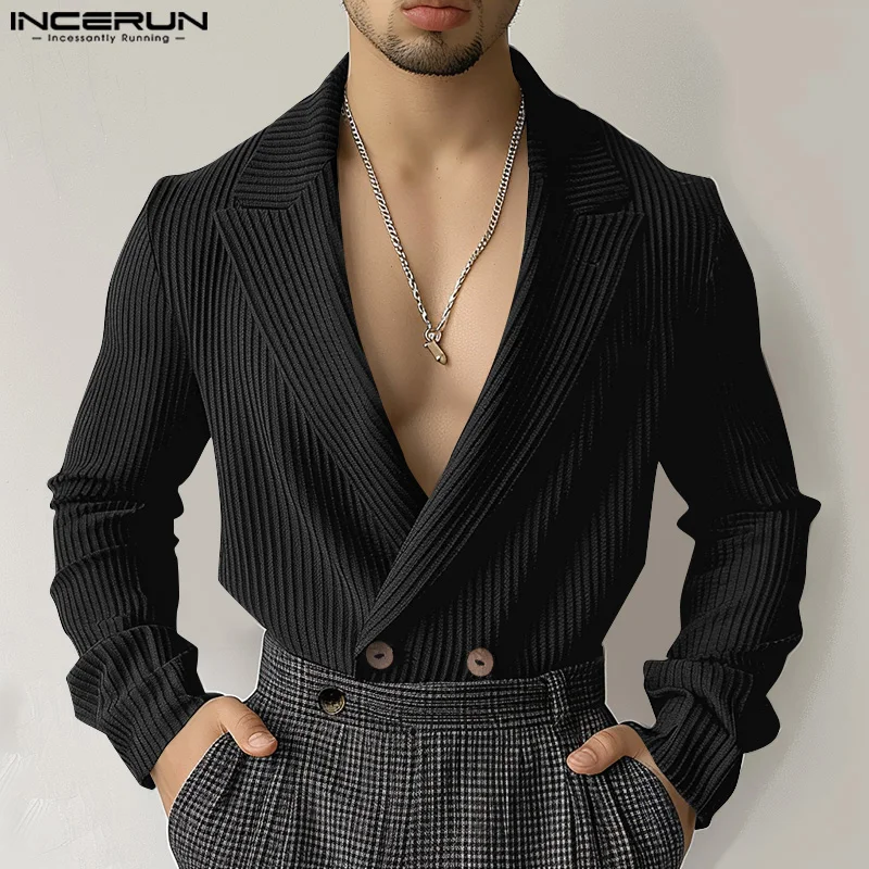 INCERUN Tops 2024 American Style Fashion Men\'s Deep V-neck Striped Design Suit Coats Casual Male Solid Long Sleeved Blazer S-5XL