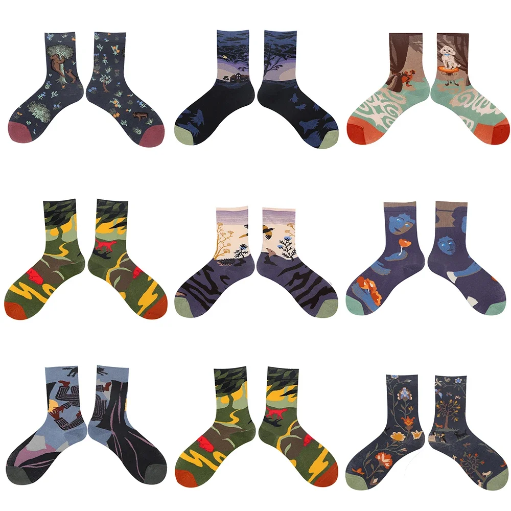 Literary abstract oil painting socks light luxury niche men and women trendy socks tube socks cotton stockings wholesale