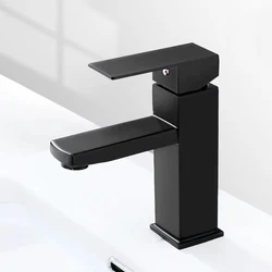 Grifo de lavabo de acero inoxidable para baño, mezclador de agua fría y caliente, montado en cubierta, cuadrado, de una sola varilla