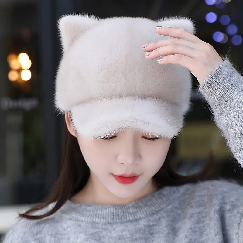 Fashion Korean Women's Baseball Cap Winter Thickened Mink Duck Cap Cute Cat Ear Real fur Outdoor leisure Ear Cap New 2023