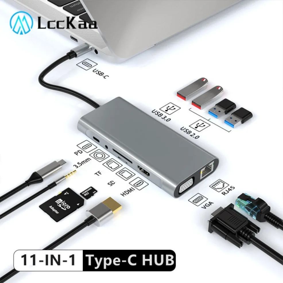 11-In-1 USB C HUB Docking Station 4K Type C to HDMI HUB Adapter USB-C to VGA RJ45 PD 100W USB Hub For PC Computer Accessories