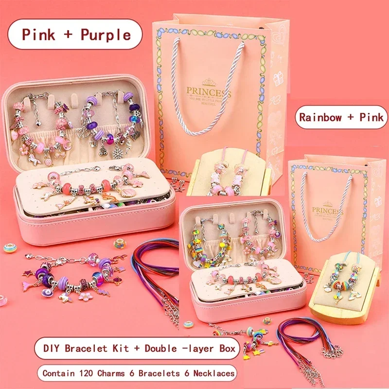 Fit Pandora Charms Bracelet Kit for Kid Pink Leather Double-layer Box Girl DIY Beads Set Necklace Accessories Bijoux Making Gift