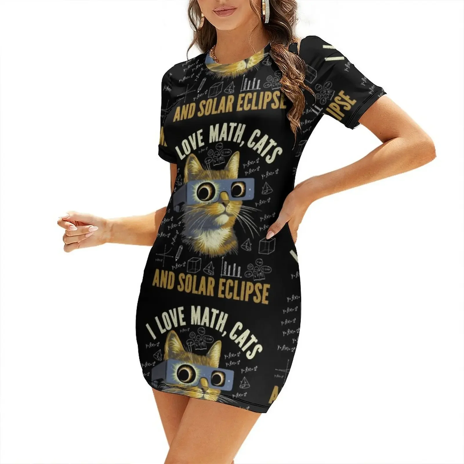 

I Love Math, Cats, Solar Eclipse Mathematics Pi Day Science Short-Sleeved Dress Female dress Dress