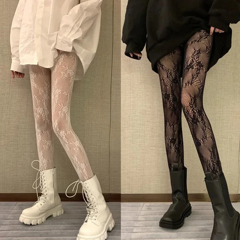 Gothic Embroidery Tights Women Leggings Lolita Hollowed Out Mesh Japanese Bottomed Lace Pantyhose Floral Rattan Black Stockings