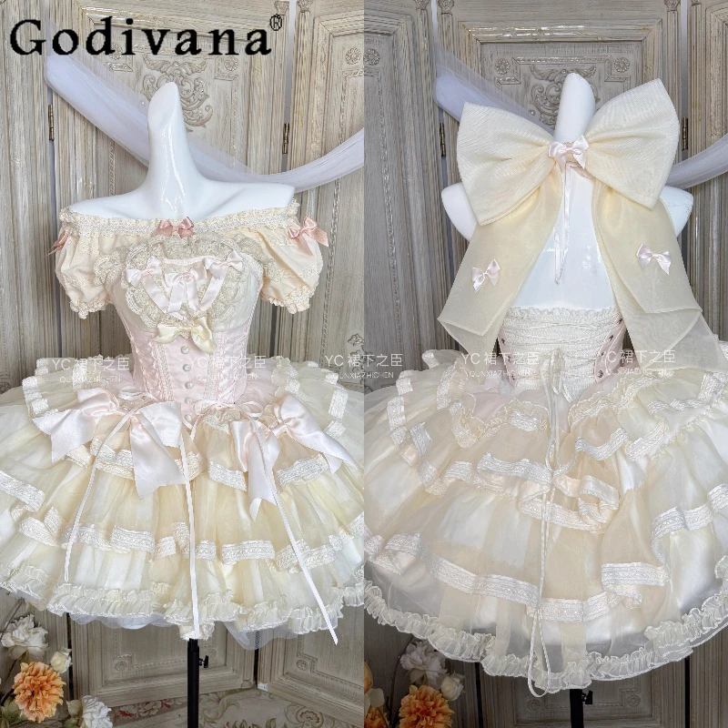 

Sweet Princess Lolita Style Dress Girl's Sweet Cute Bow High Waist Slim Tube Top Mini Puffy Dresses Woman's Birthday Party Dress