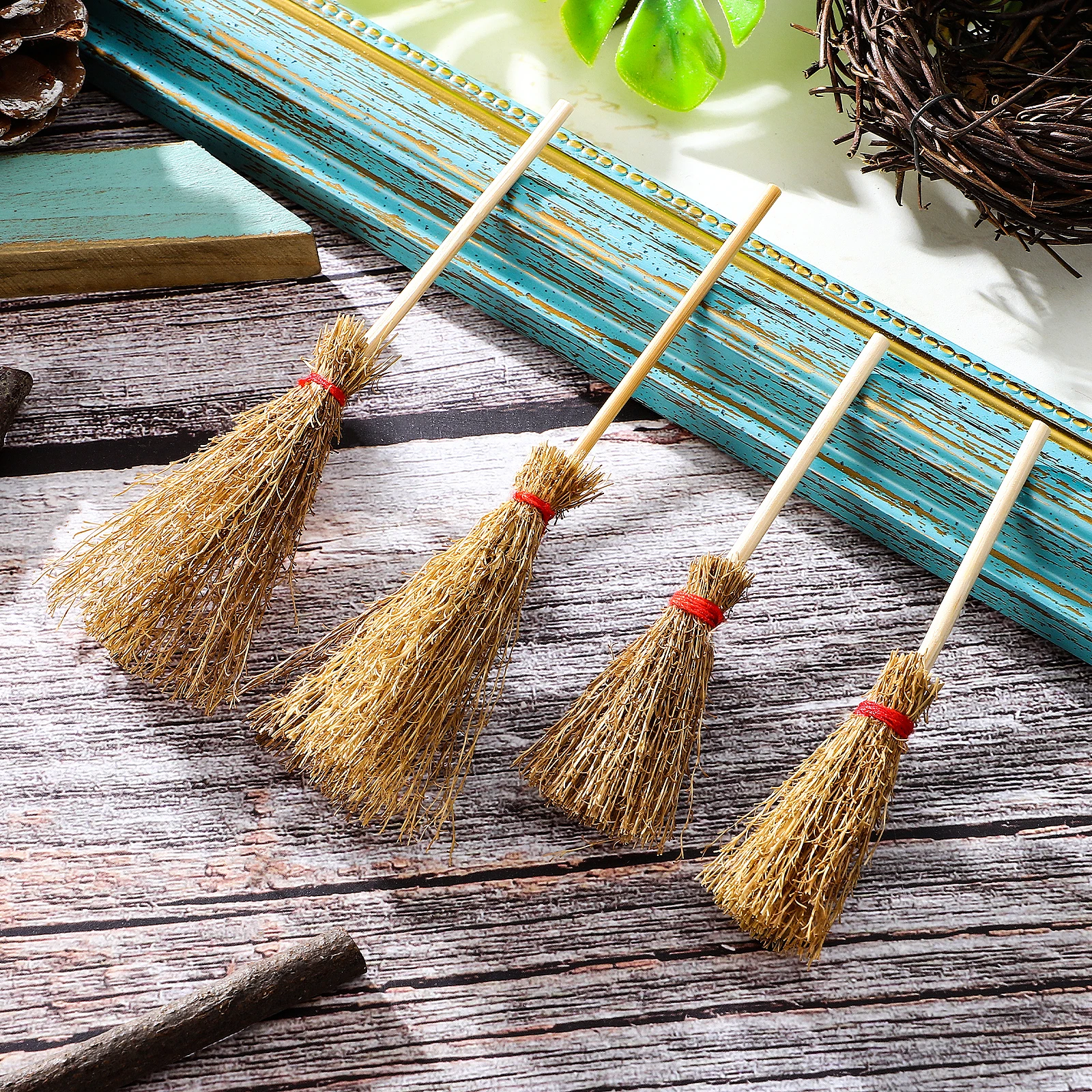 

10 Pcs Mini Handmade House Props Craft Brown Decor Halloween Wizard Costumes Tiny Toys Models Straw Brooms Small Brooms