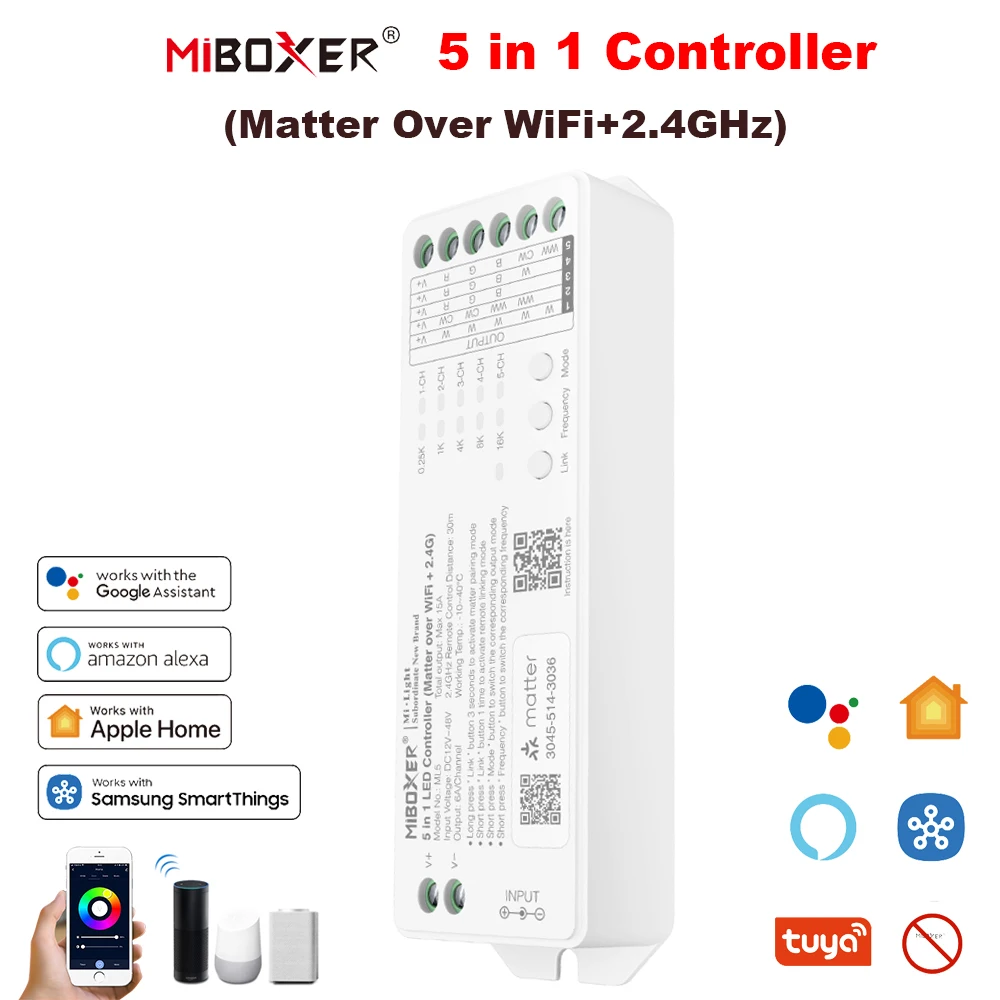 Miboxer ML5 DC12-48V 5in1 Controller Matter Over WiFi+2.4GHz Tuya APP WIFI Control Single/Double Color RGB RGBW RGBCCT Strip