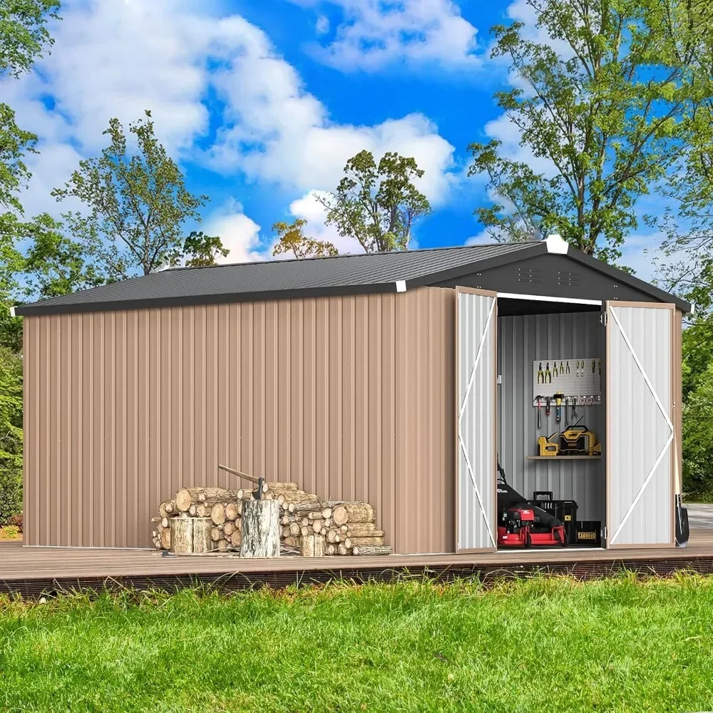 Cobertizo de Metal para exteriores, cobertizo de almacenamiento de 10 'x 14' con puertas bloqueables, cobertizo grande de acero para patio