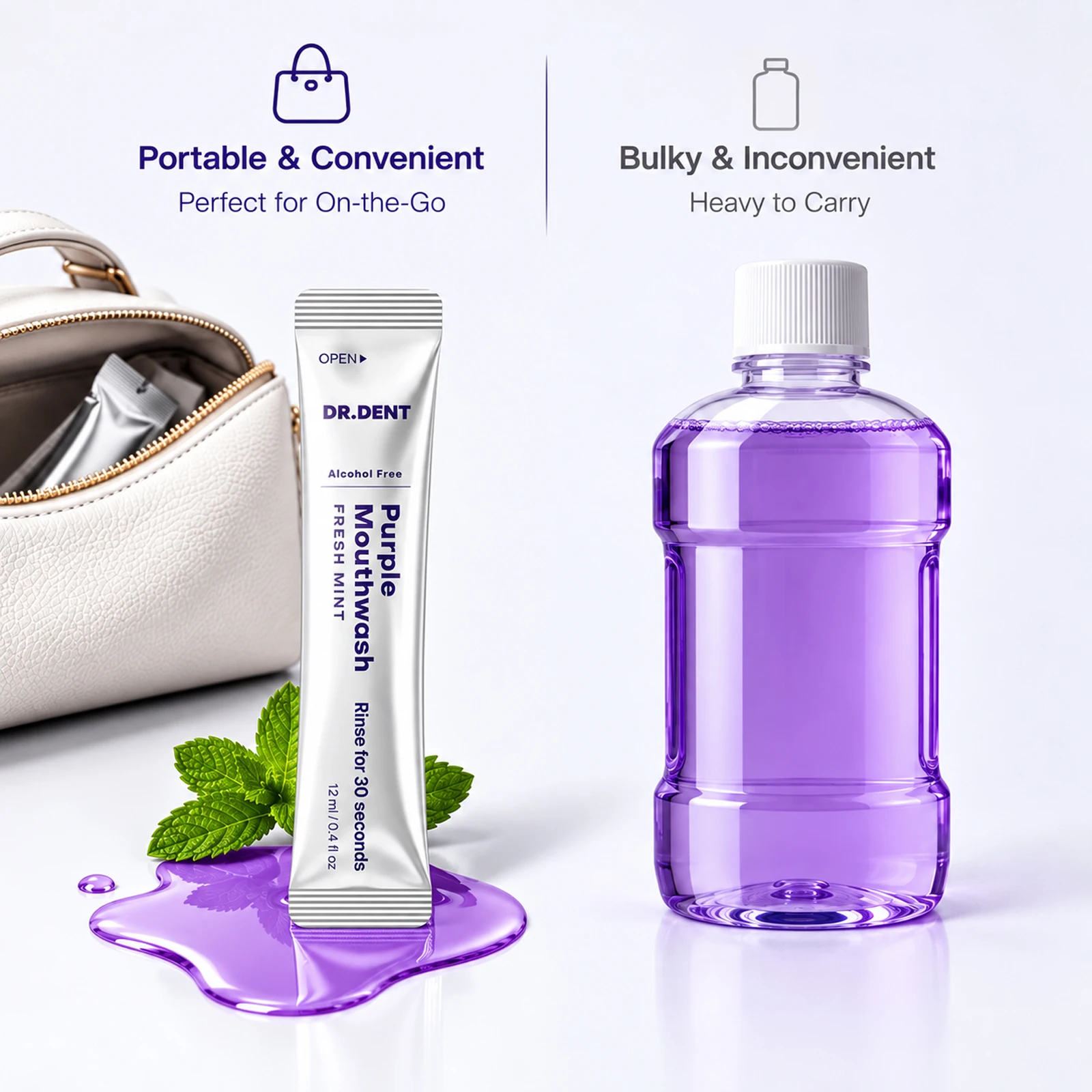 20 Packs Travel Size Purple Mouthwash Mint Flavor Long Lasting Freshing Bad Breath Control Gentle Gum Care Portable Oral Rinse