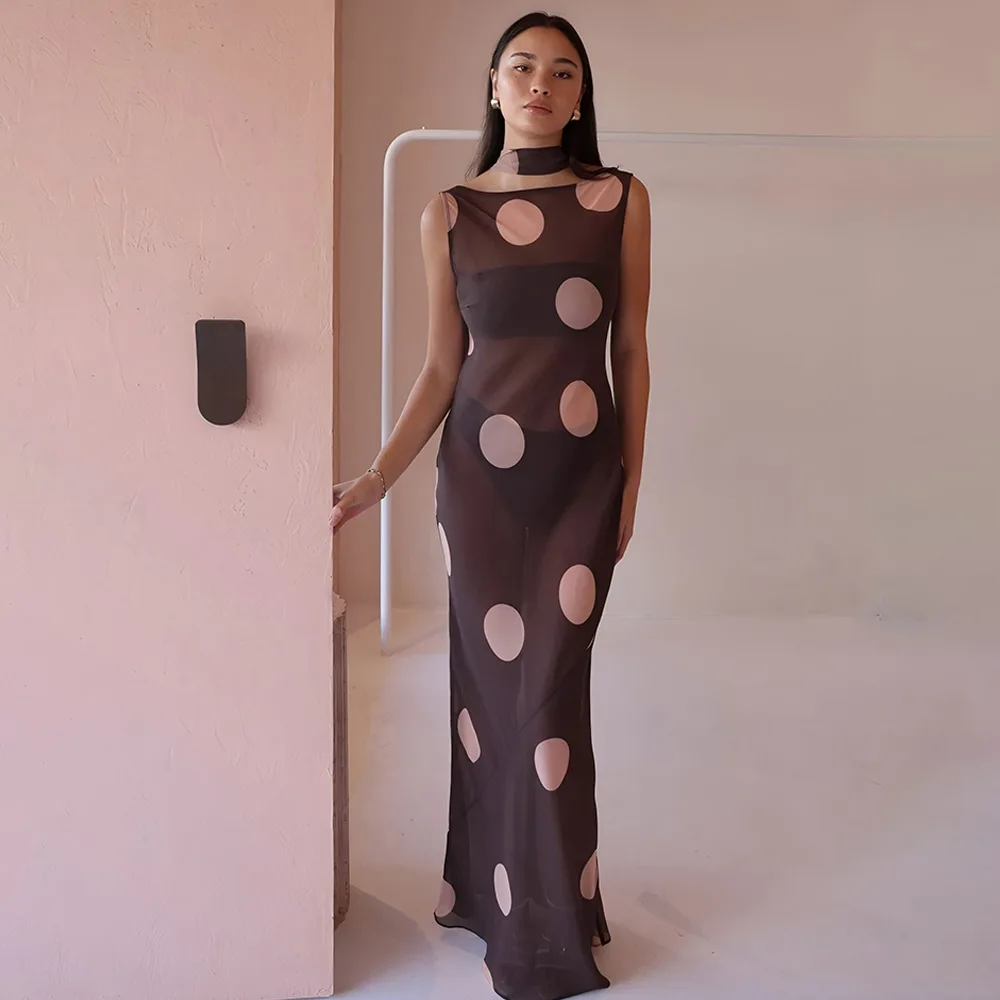 Платье макси с лентой в горошек и круглым вырезом для женщин, элегантное сексуальное платье без рукавов с открытой спиной, модное клубное вечернее длинное платье с высокой талией