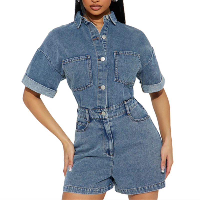 Short Sleeve Turn-down Collar Loose Wide Blue Denim Jumpsuits Women Summer Clothing Playsuits Shorts Casual Sweet Jeans Rompers