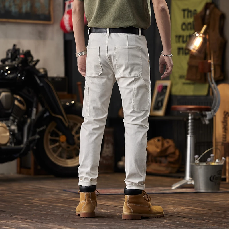 Calça apertada de tornozelo justa masculina, jeans branco para costura de motocicleta, elástico de alta qualidade, moda coreana